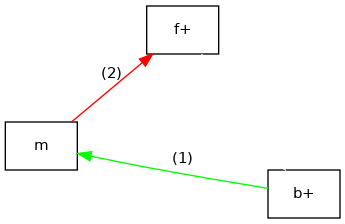 digraph {
        rankdir=LR;
        nodesep=2;

        splines = true;
        overlab = prism;

        edge [color=gray50, fontname=Calibri, fontsize=11];
        node [shape=record, fontname=Calibri, fontsize=11];


        "m" -> "f+" [color=red,label="(2)"];
        "m" -> "b+" [color=green,dir=back,label="(1)"];

        "f+" -> "b+" [color=white];
    }
