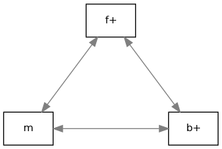 digraph {
        rankdir=LR;
        nodesep=2;

        splines = true;
        overlab = prism;

        edge [color=gray50, fontname=Calibri, fontsize=11];
        node [shape=record, fontname=Calibri, fontsize=11];

        "m" -> "f+" [dir=both];
        "m" -> "b+" [dir=both];

        "f+" -> "b+" [dir=both];
    }
